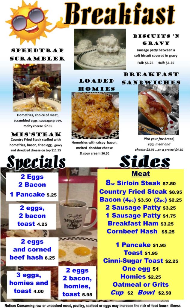 Speedtrap diner in Woodville Ohio Menu