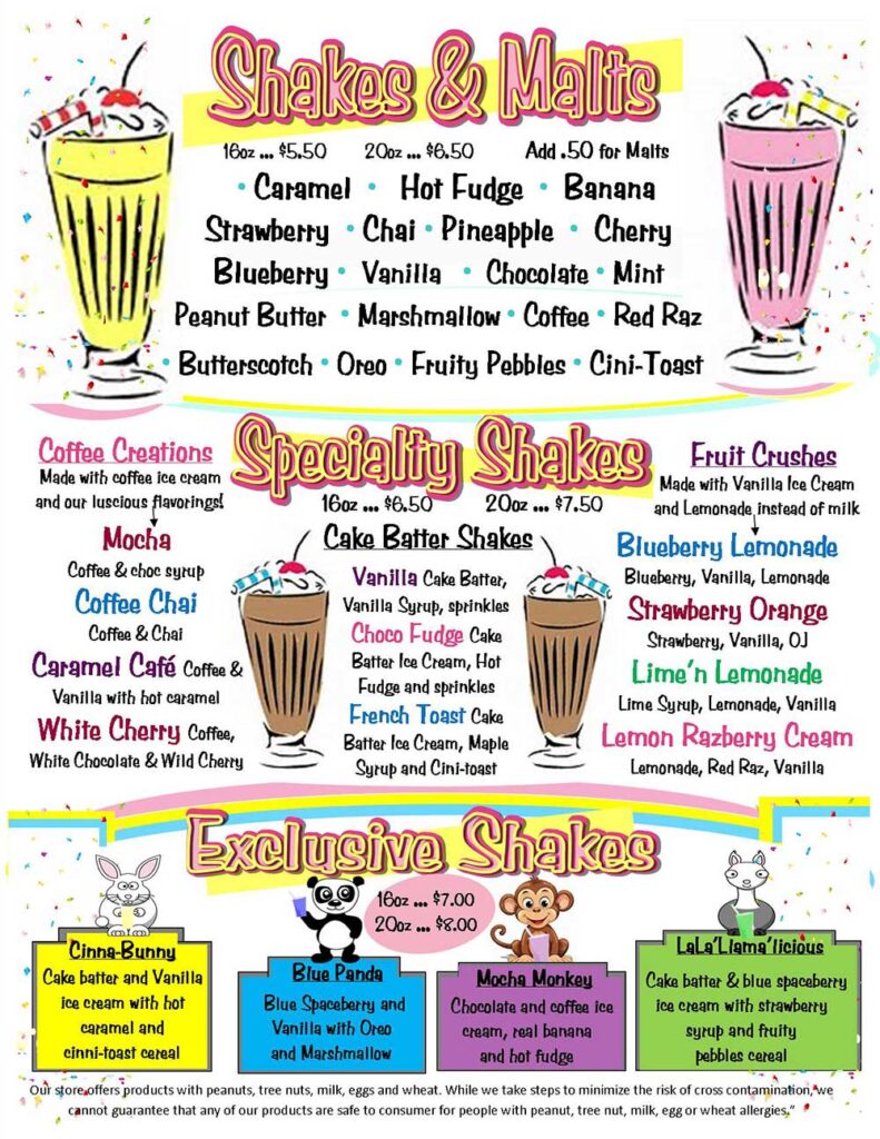 Speedtrap Diner Malts and Shakes Menu