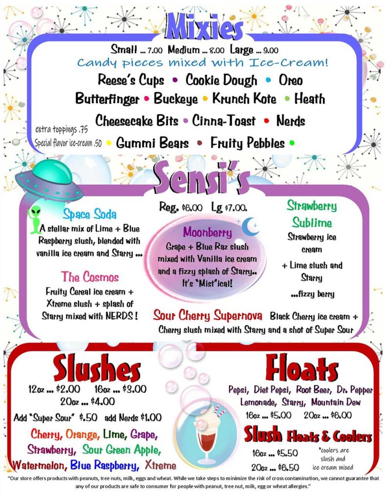 Speedtrap Diner Mixie Custom Ice Cream Blends and Space Sodas Menu